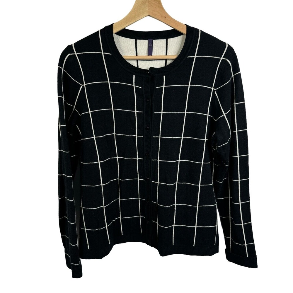 NYDJ cardigan sweater women Size M Black plaid long sleeve heavy Button Up